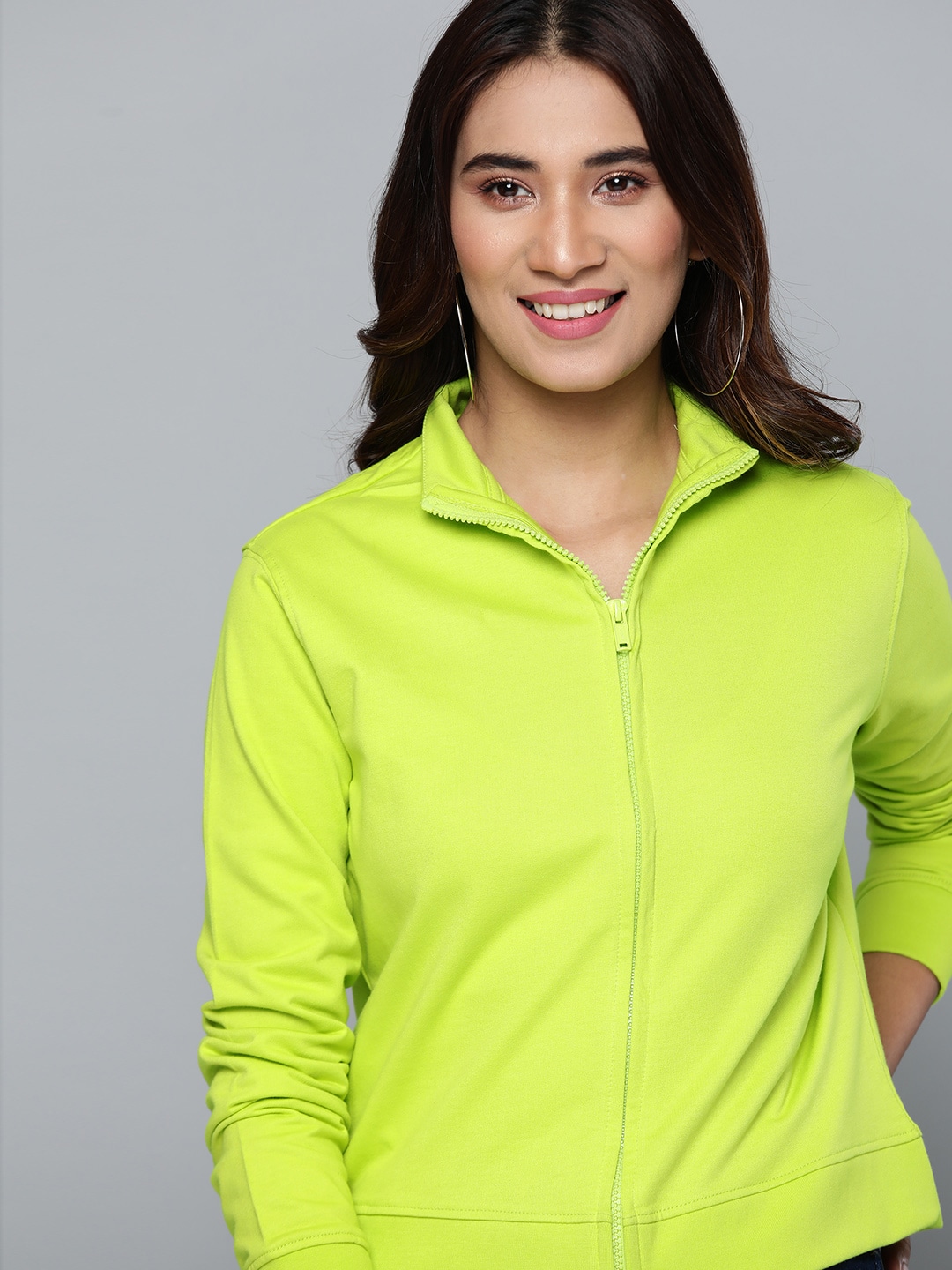 HERE&NOW Women Fluorescent Green Cotton Solid Sweatshirt Price in India