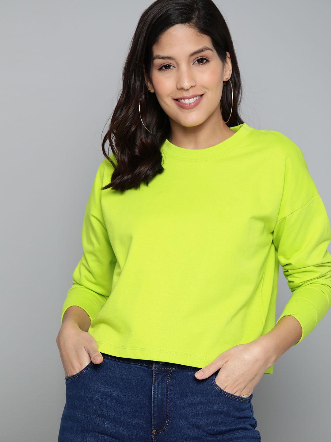 HERE&NOW Women Lime Green Solid Sweatshirt Price in India