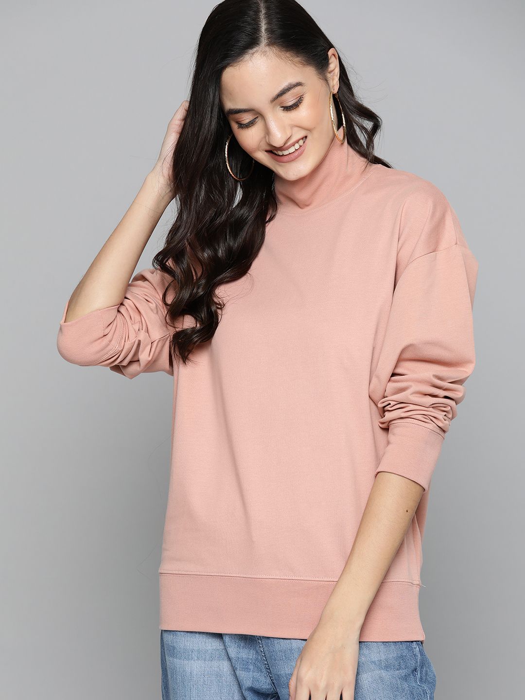 HERE&NOW Women Dusty Pink Solid Sweatshirt Price in India