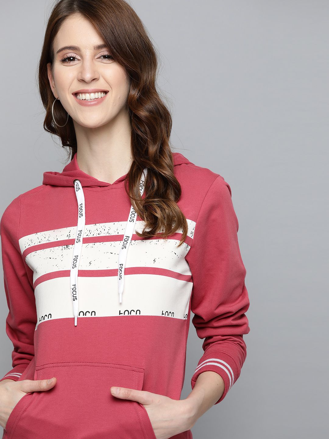 HERE&NOW Women Pink & White Pure Cotton Striped Hooded Sweatshirt Price in India