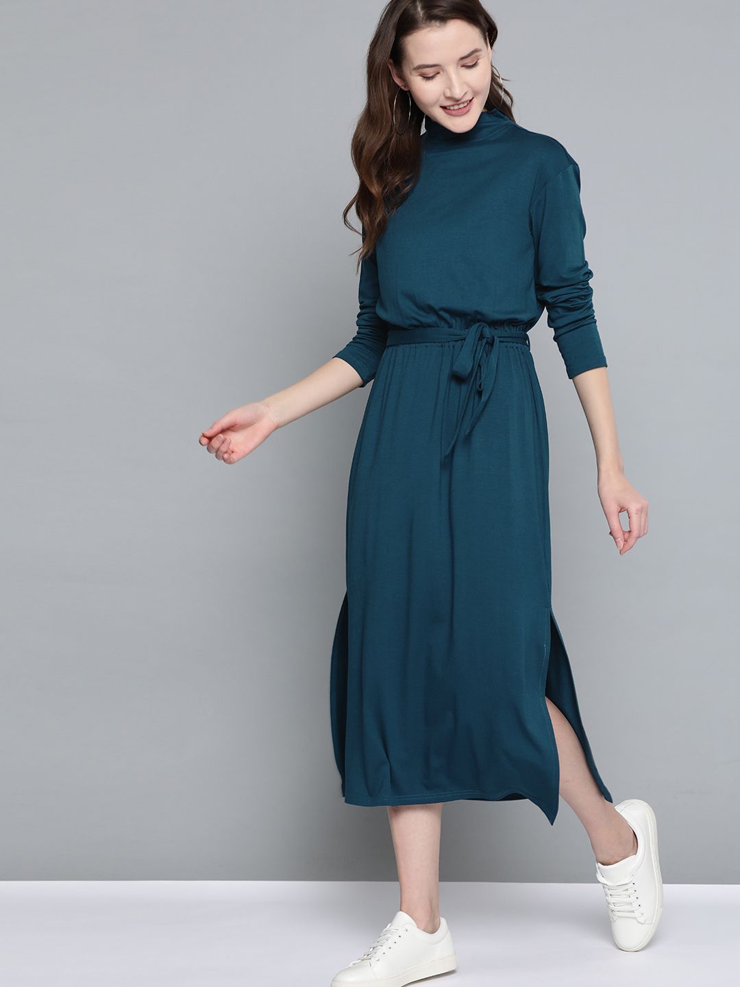 Mast & Harbour Women Teal Blue Solid Shift Dress with Belt