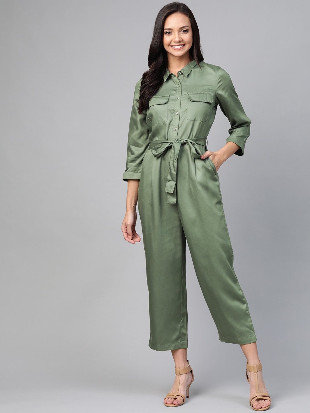 Mast & Harbour Women Olive Green Solid Basic Jumpsuit Price in India