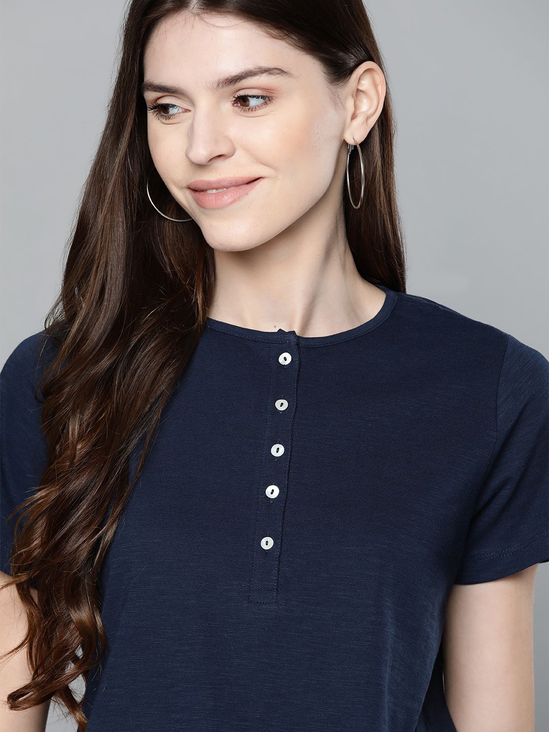 Mast & Harbour Women Navy Blue Solid Henley Neck T-shirt