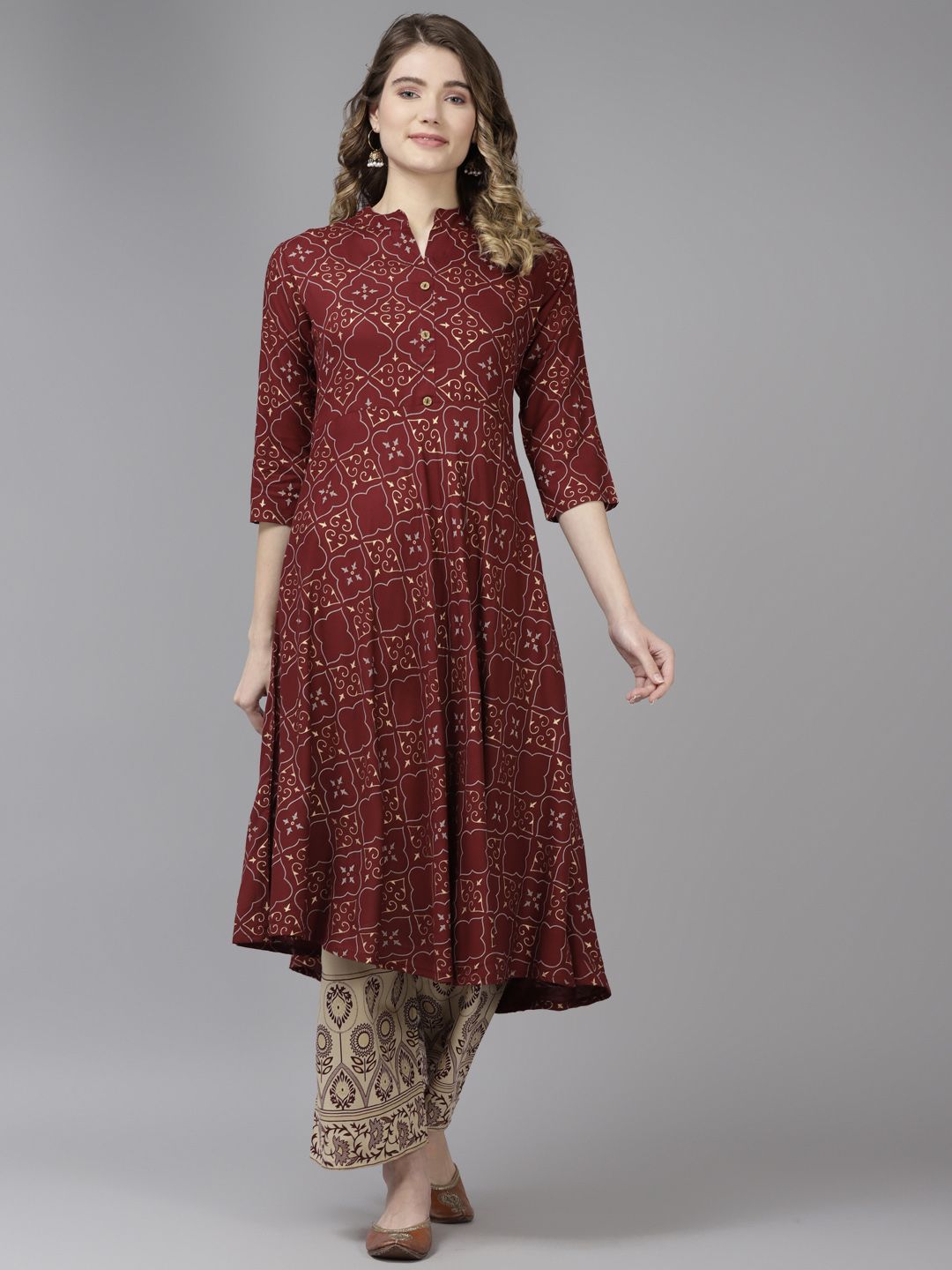 ANAISA Women Maroon & Gold-Toned Ethnic Motifs Print Regular Kurta with Palazzos Price in India