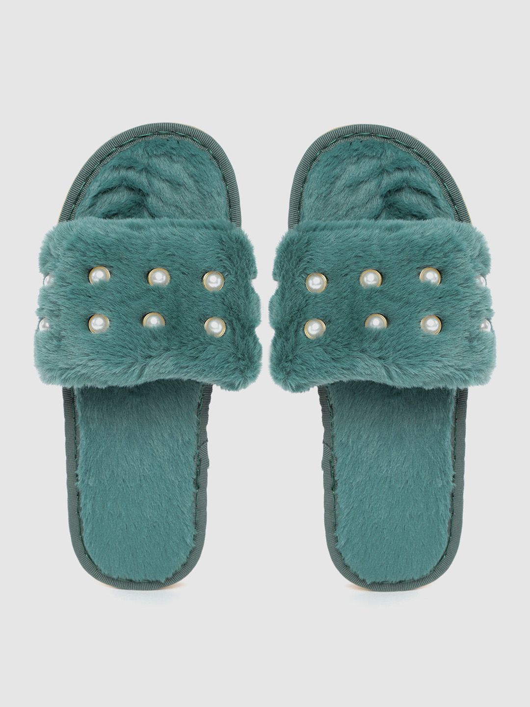 DressBerry Women Green Faux Fur Embellished Room Slippers Price in India