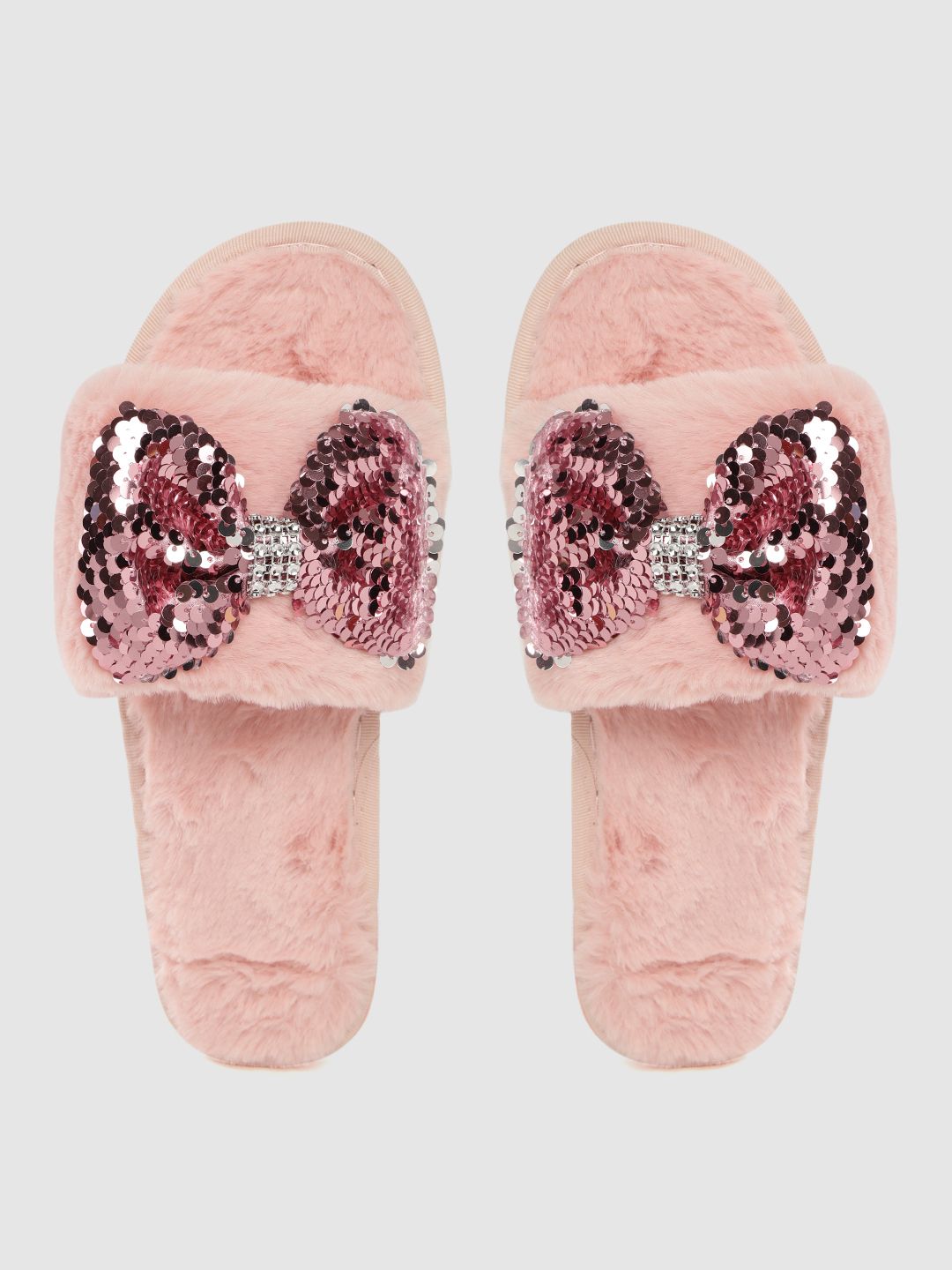 DressBerry Women Pink & Silver-Toned Flip Sequinned Faux Fur Room Slippers Price in India