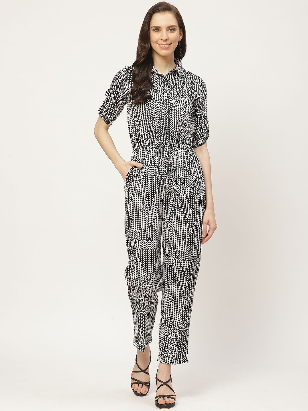 Cottinfab Women White & Black Geometric Printed Basic Jumpsuit Price in India