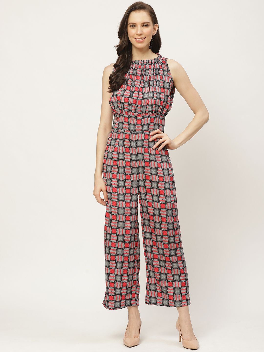 Cottinfab Women Grey & Red Geometric Printed Basic Jumpsuit Price in India