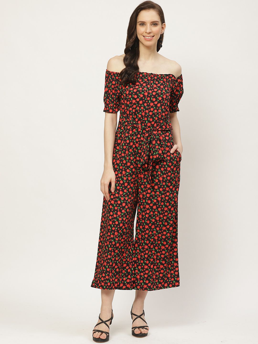 Cottinfab Women Black & Red Floral Printed Off-Shoulder Basic Jumpsuit Price in India