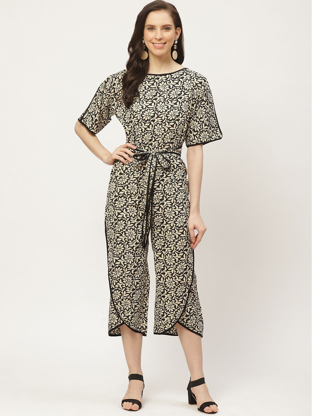 Cottinfab Women Black & Beige Ethnic Printed Three-Fourth Basic Jumpsuit Price in India