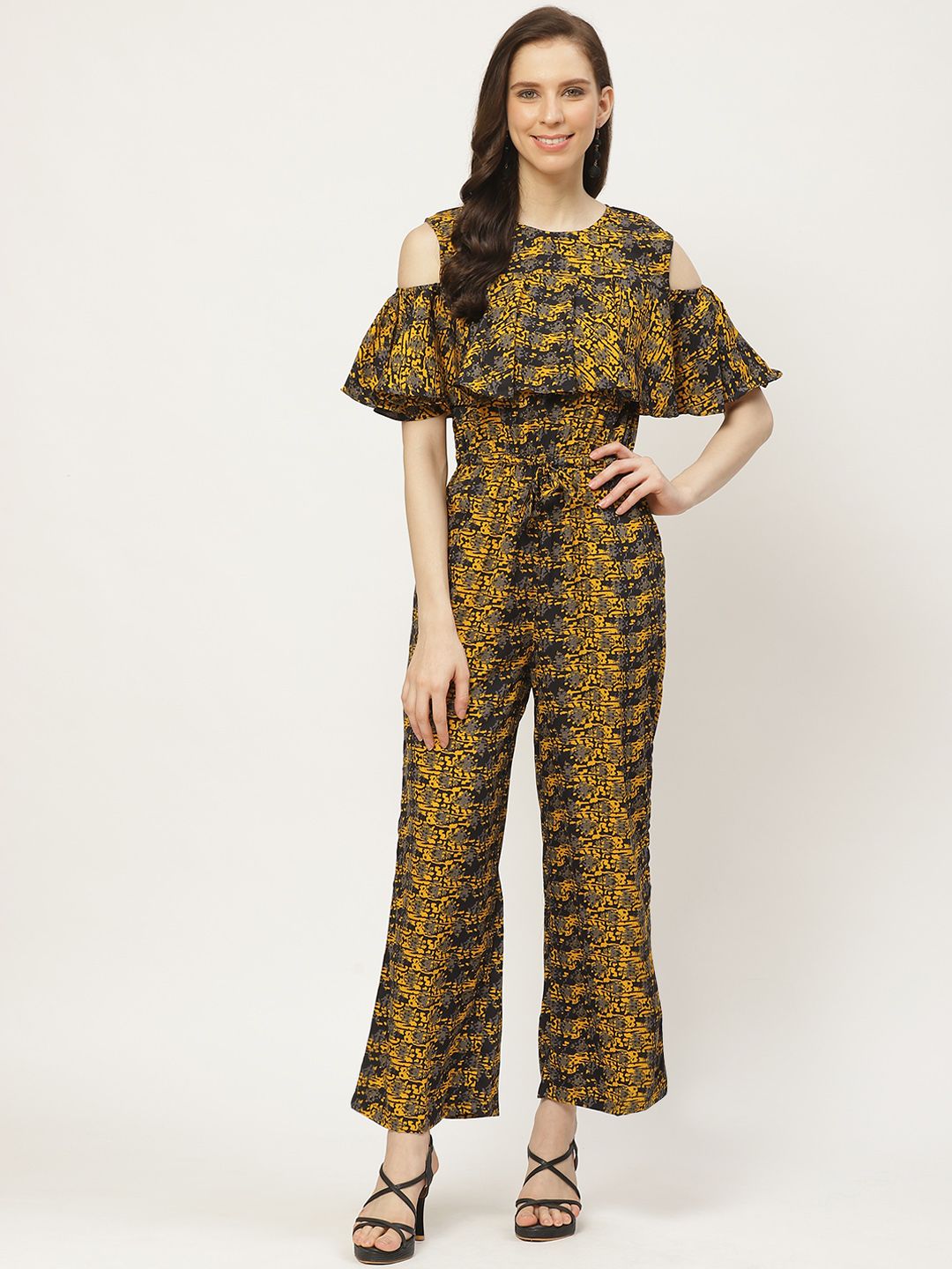 Cottinfab Women Mustard Yellow & Black Printed Waist Tie-Up Cold-Shoulder Cape Jumpsuit Price in India
