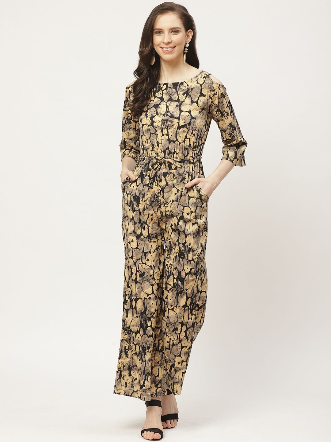 Cottinfab Women Beige & Black Printed Waist Tie-Up Basic Jumpsuit Price in India