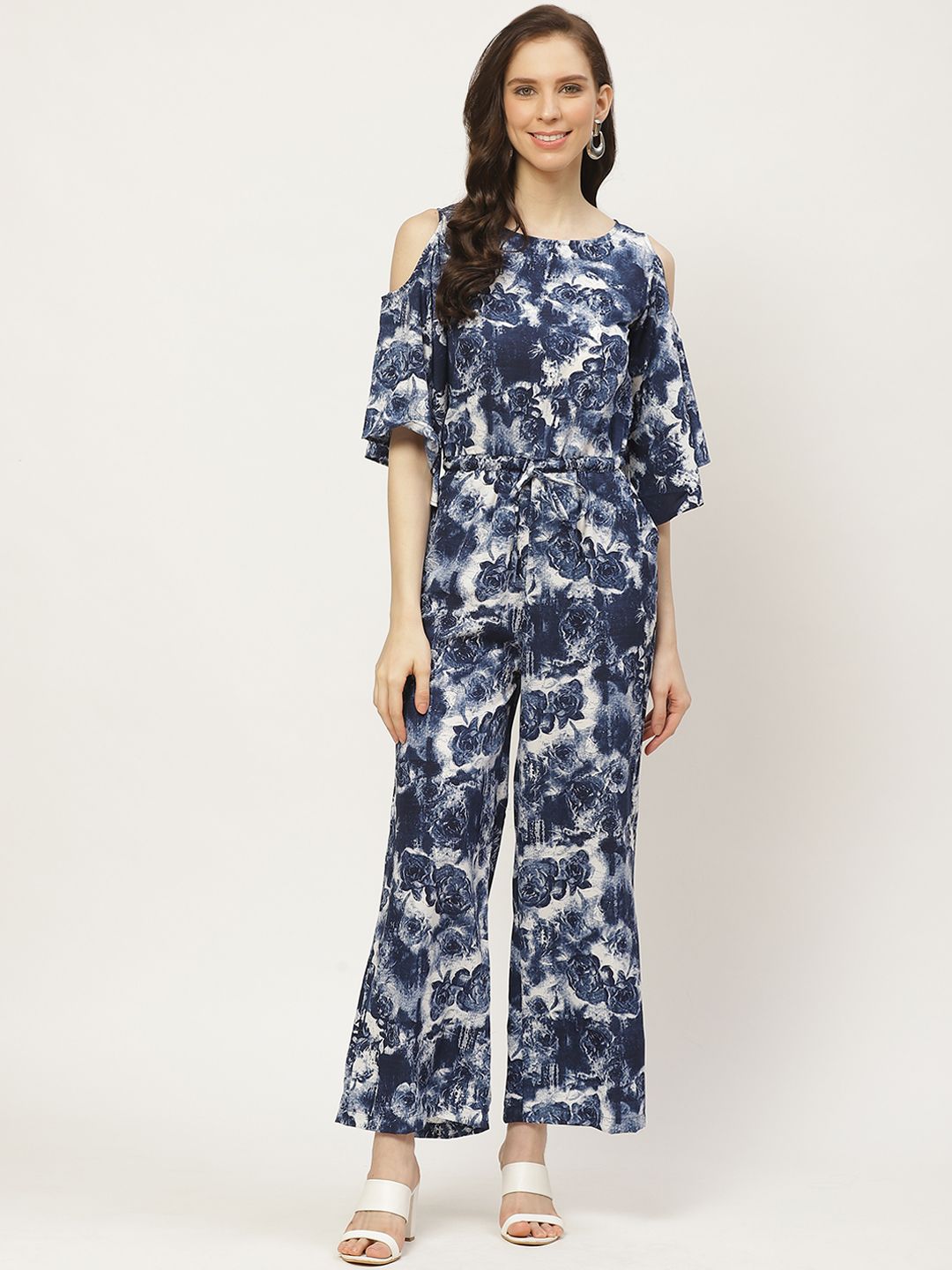 Cottinfab Women Blue & White Floral Printed Waist Tie-Up Cold-Shoulder Jumpsuit Price in India