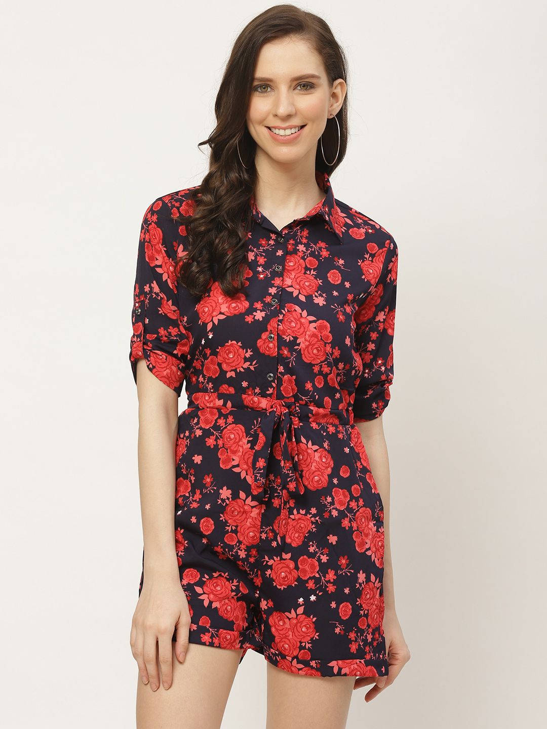 Cottinfab Women Navy Blue & Red Floral Printed Waist Tie-Up Playsuit Price in India