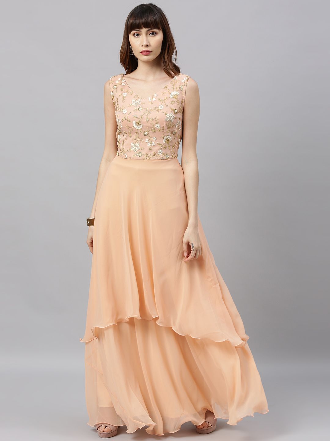EthnoVogue Women Peach-Coloured Embroidered Fit and Flare Dress Price in India