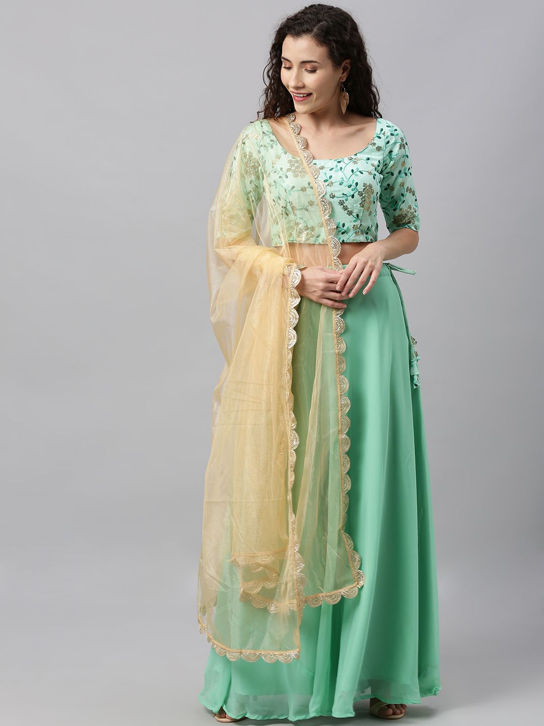 Bollywood Vogue Green Embroidered Made to Measure Lehenga & Blouse with Dupatta