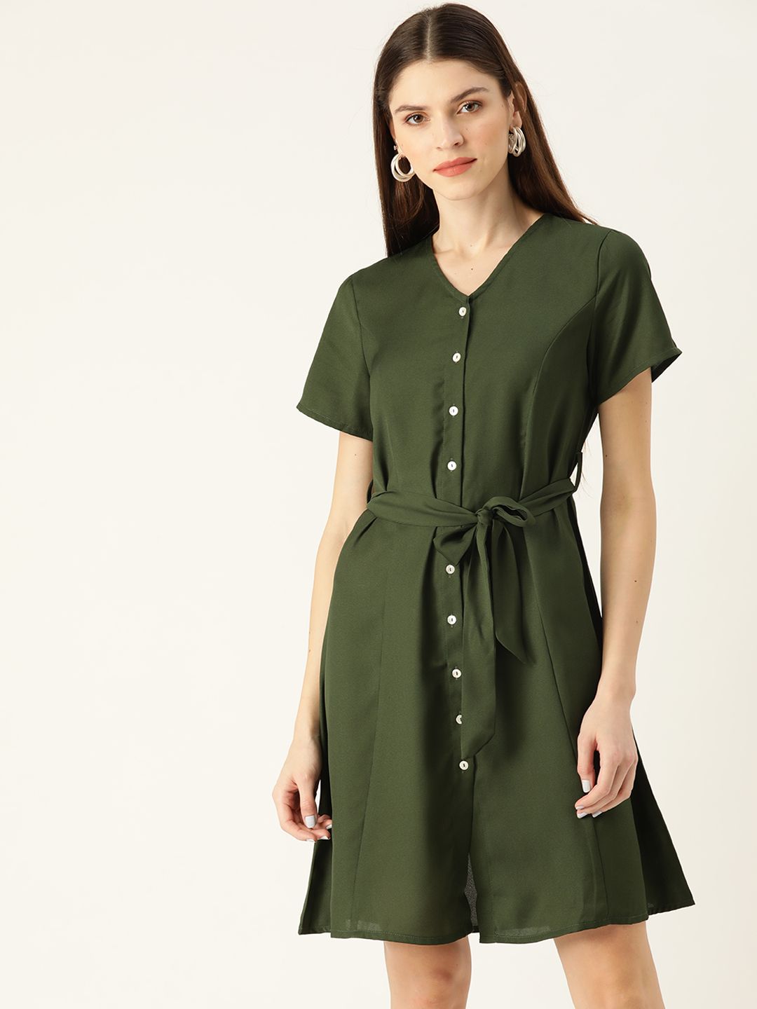 her by invictus Women Olive Green Solid A-Line Dress