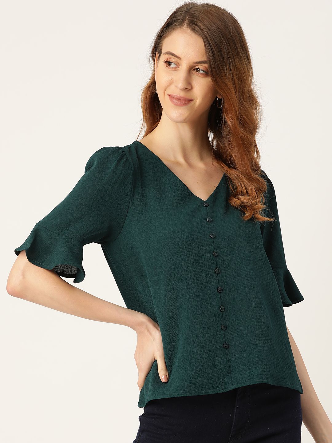 her by invictus Women Green Solid Bell Sleeves Top