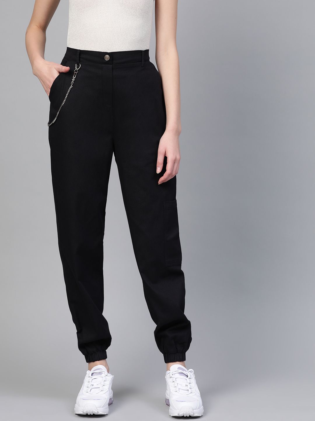 SASSAFRAS Women Charcoal Black Pure Cotton Cargos Price in India