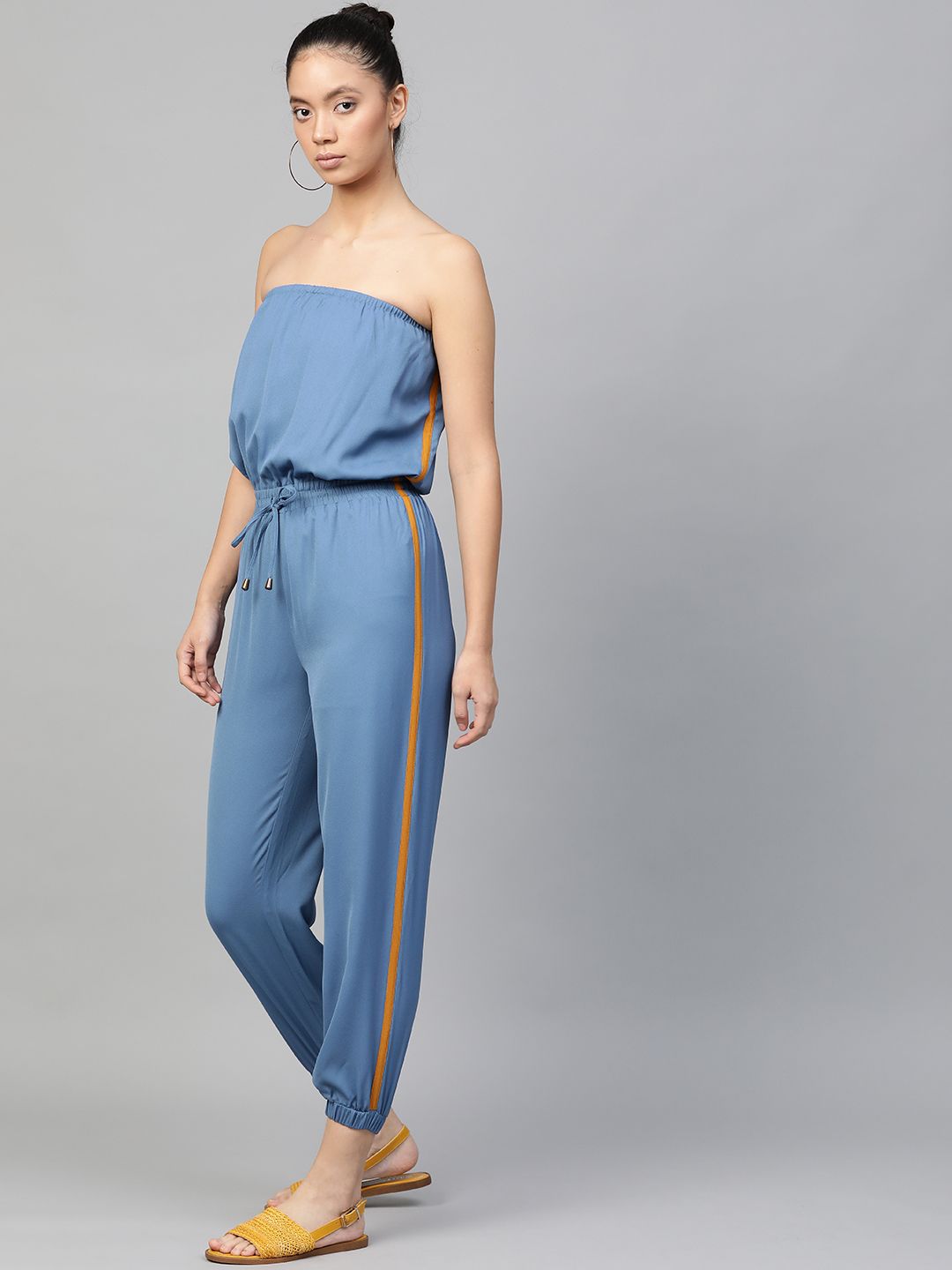 SASSAFRAS Women Blue Solid Cropped Basic Tube Jumpsuit Price in India