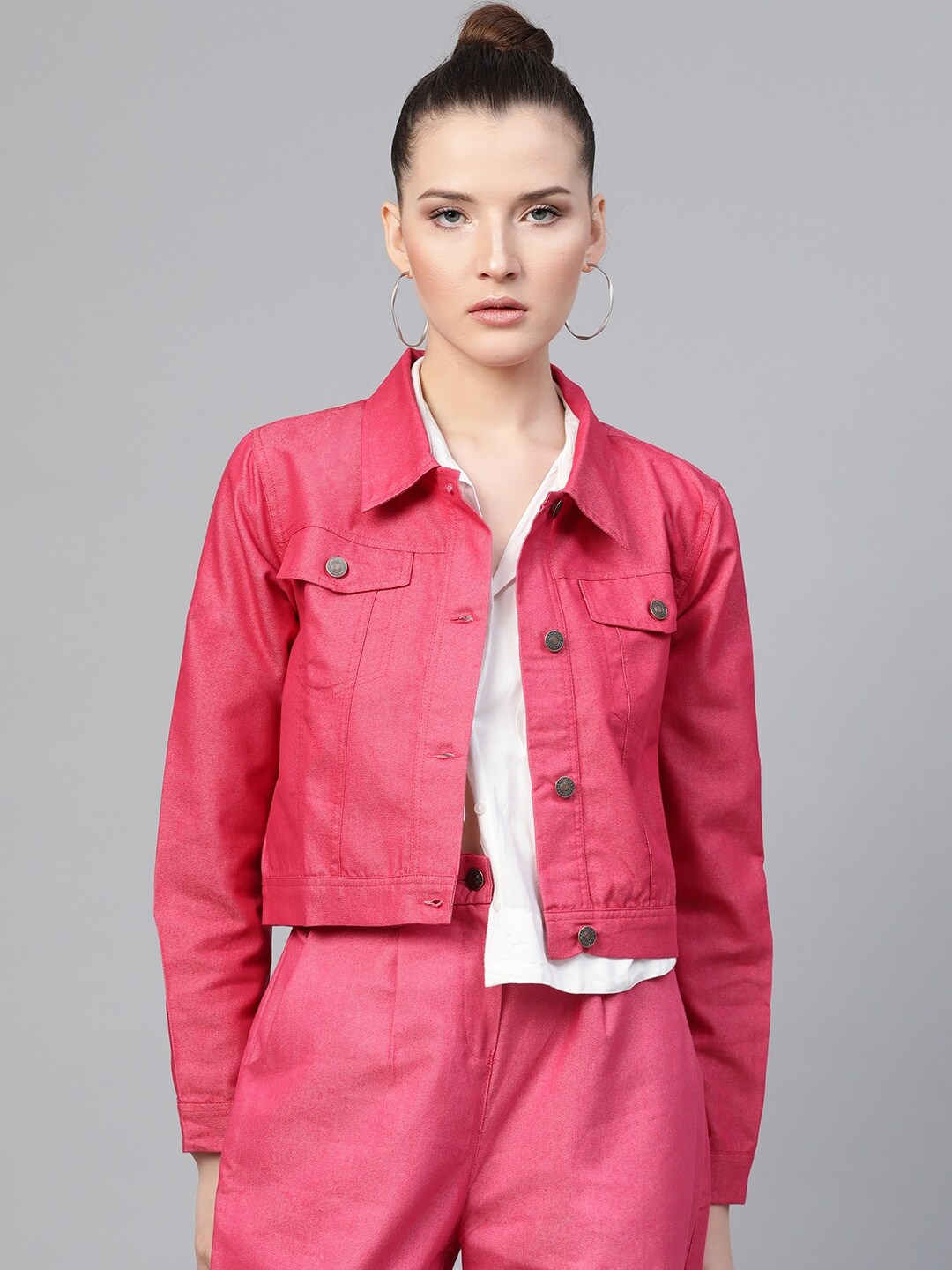 SASSAFRAS Women Pink Solid Denim Jacket Price in India