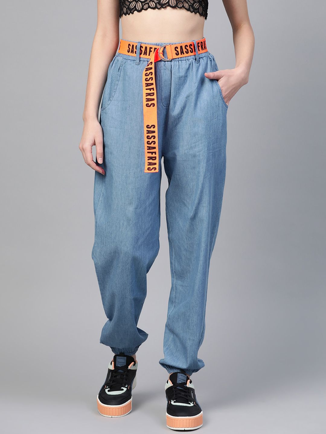 SASSAFRAS Women Blue Regular Fit Solid Chambray Joggers with Contrast Belt Price in India