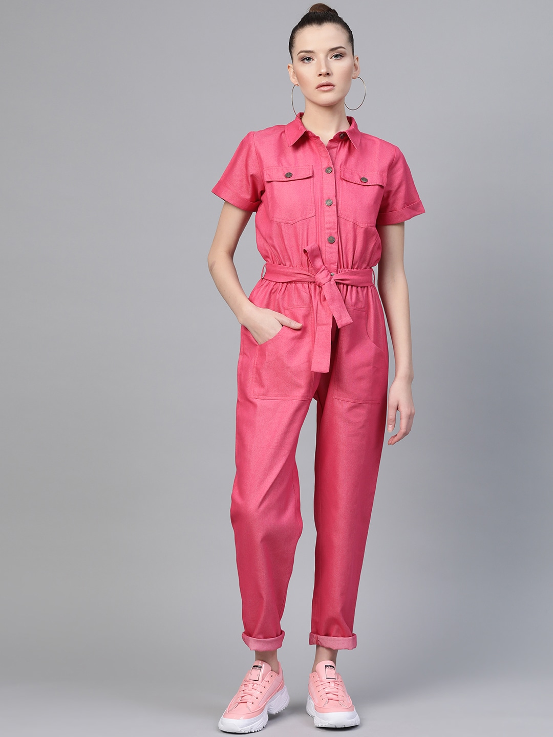 SASSAFRAS Women Fuchsia Pink Solid Twill Tapered Basic Jumpsuit Price in India