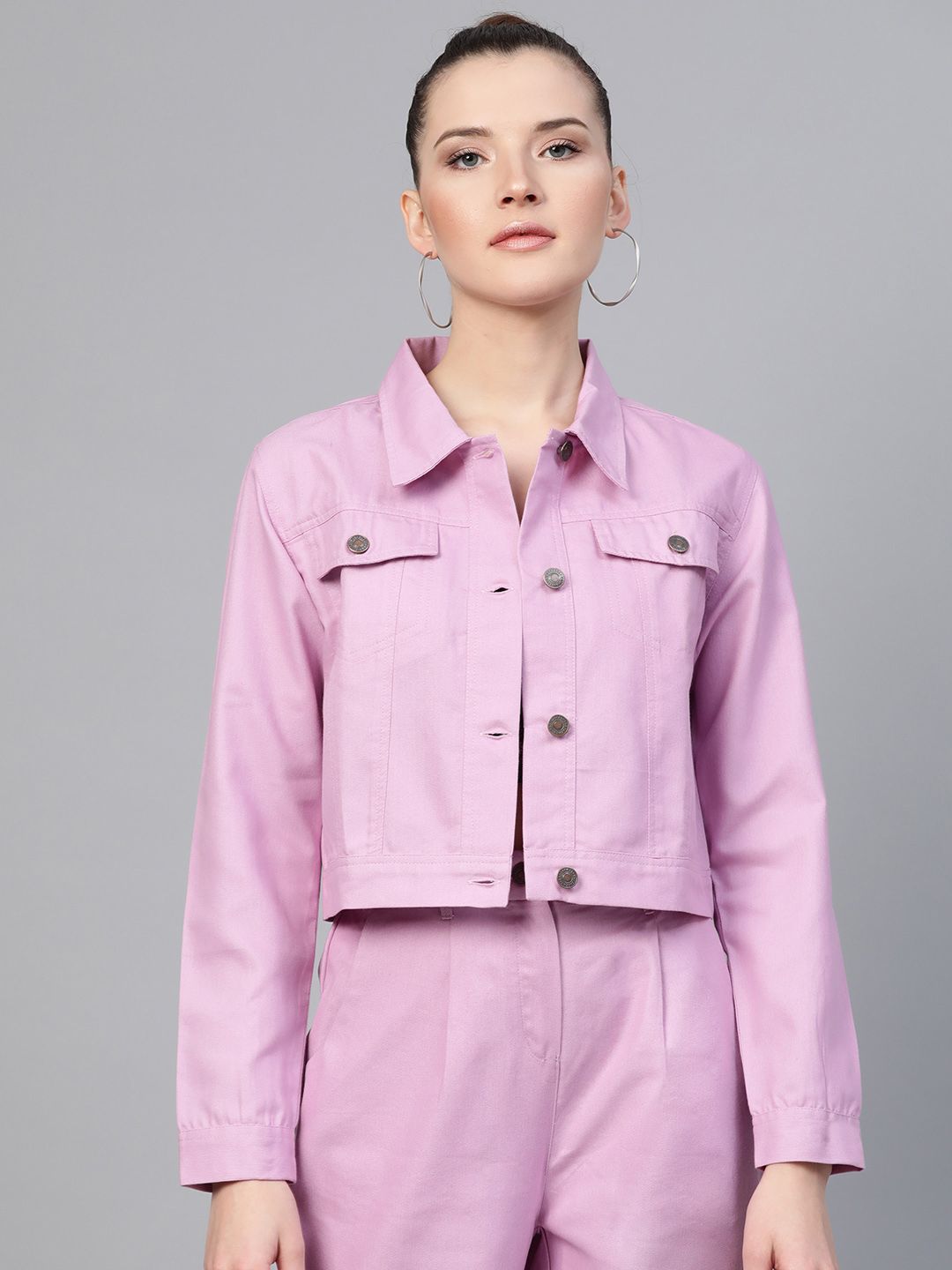 SASSAFRAS Women Lavender Solid Cropped Jacket Price in India