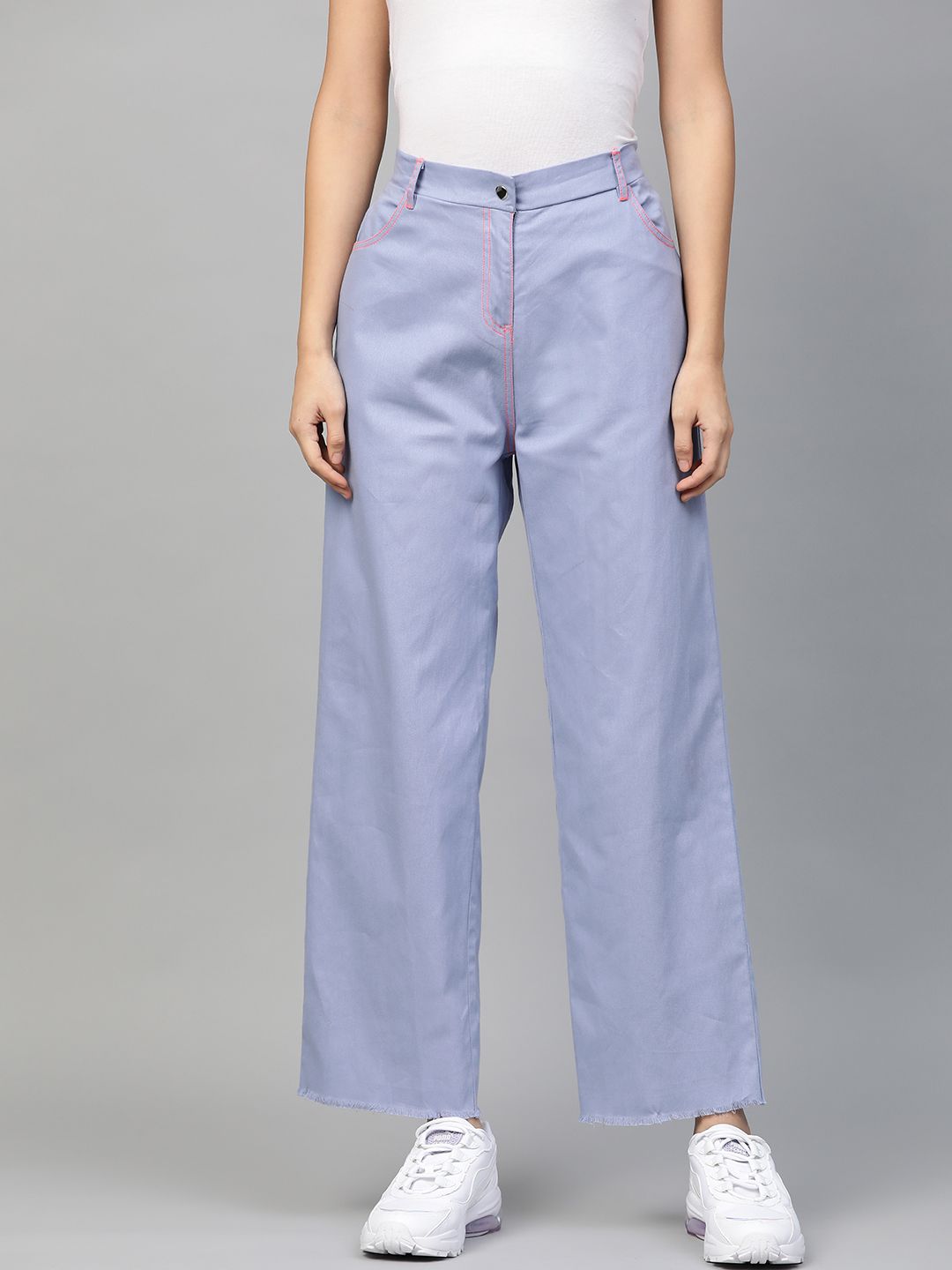 SASSAFRAS Women Blue Solid high-Rise Regular Trousers Price in India