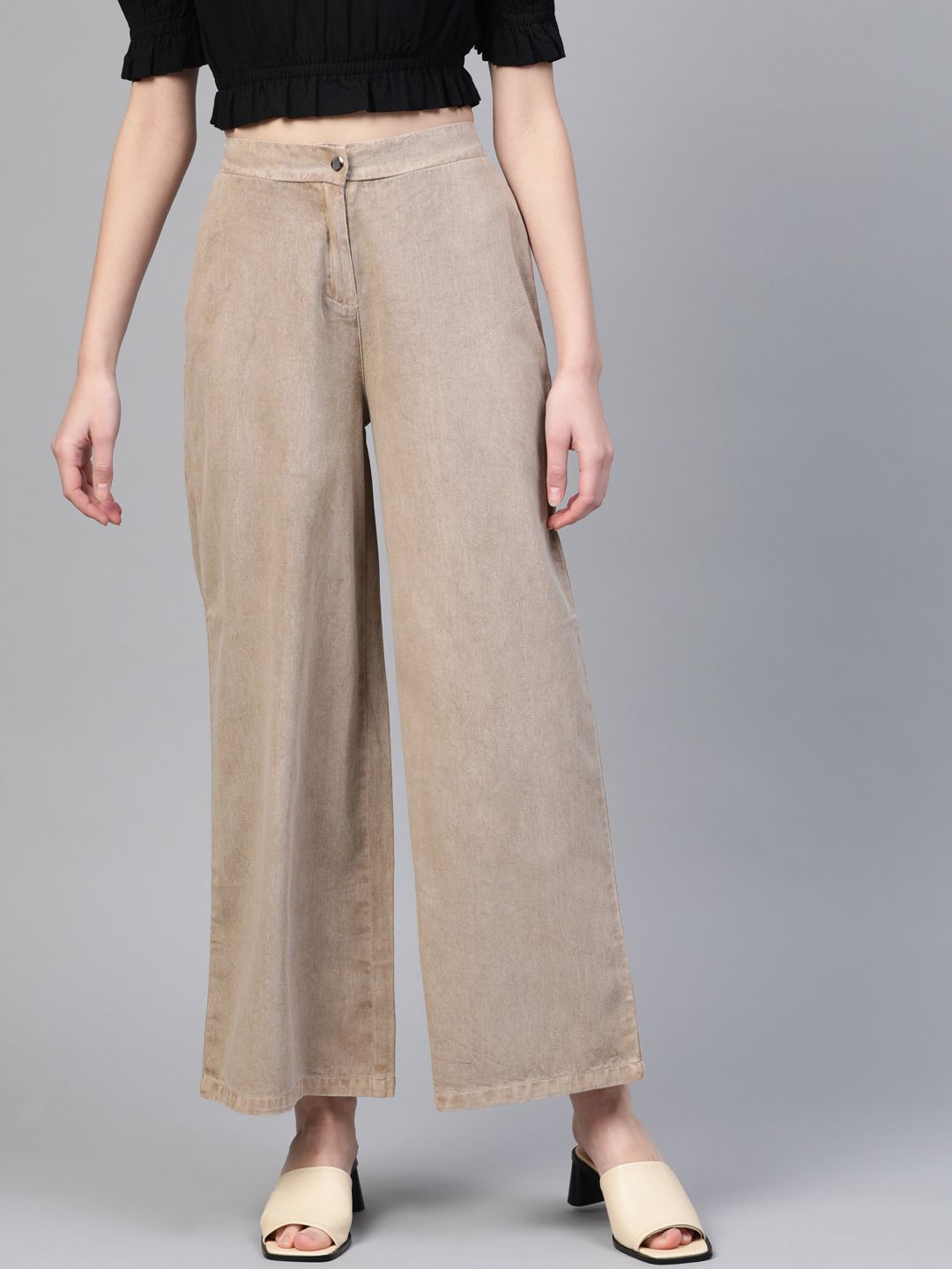SASSAFRAS Women Beige Regular Fit Solid Denim Parallel Trousers Price in India