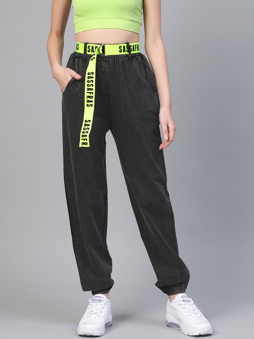 SASSAFRAS Women Charcoal Grey Chambray Pure Cotton Joggers with Contrast Belt Price in India