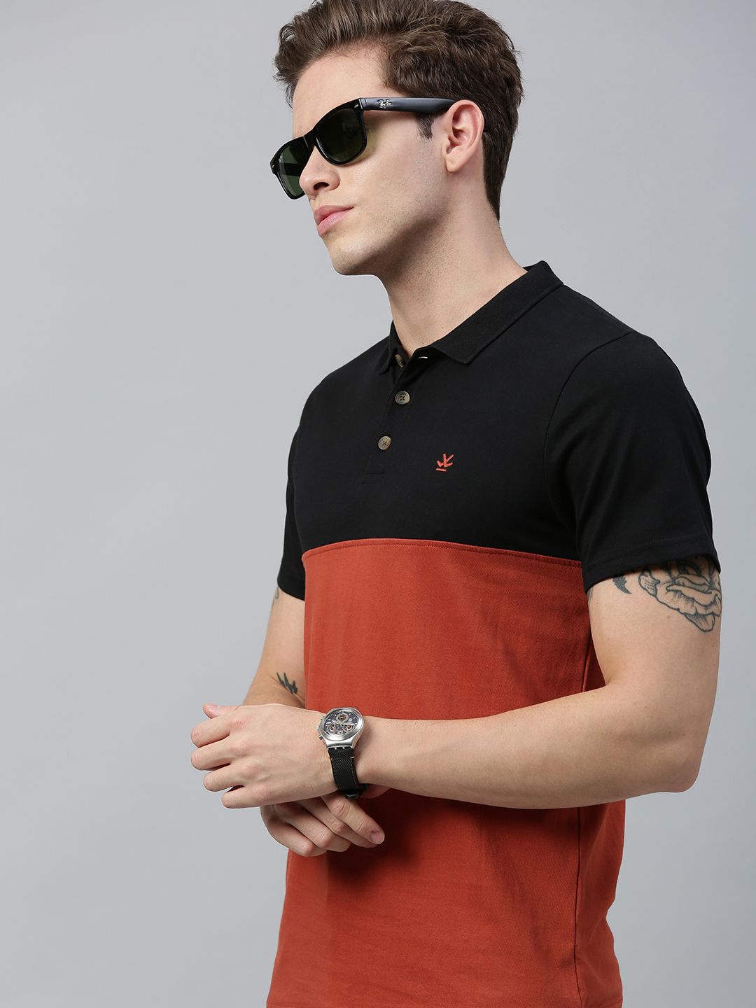 WROGN Men Rust Red & Black Colourblocked Slim Fit Polo Collar T-shirt