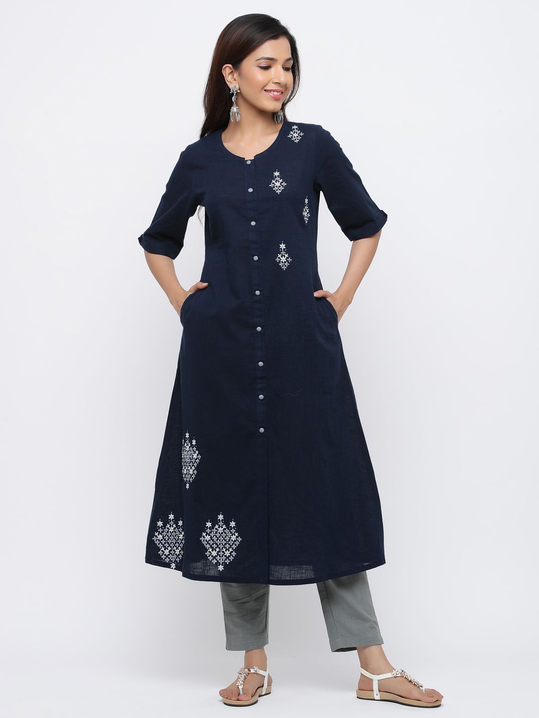 Jaipur Kurti Women Navy Blue & Grey Embroidered Kurta with Trousers Price in India