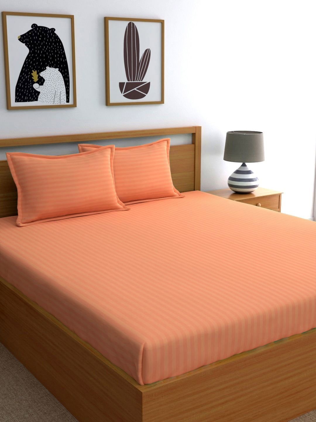 URBAN SPACE Peach Striped 300 TC Cotton 1 King Bedsheet with 2 Pillow Covers Price in India