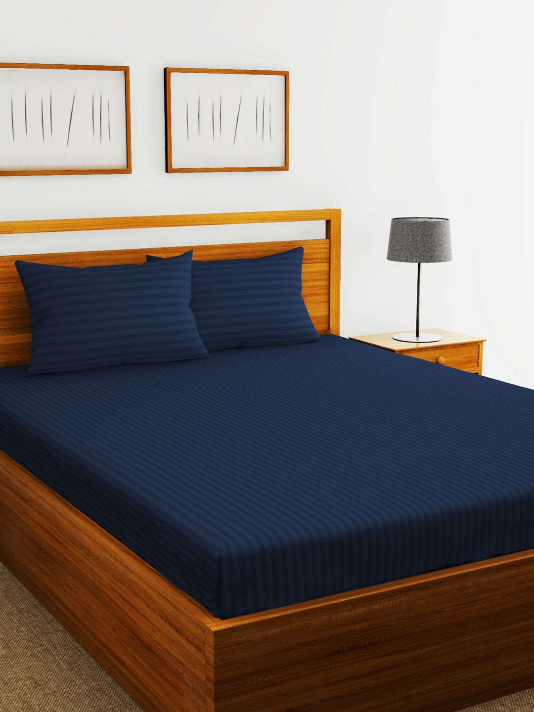 URBAN SPACE Navy Blue Striped 300 TC Cotton 1 King Bedsheet with 2 Pillow Covers Price in India
