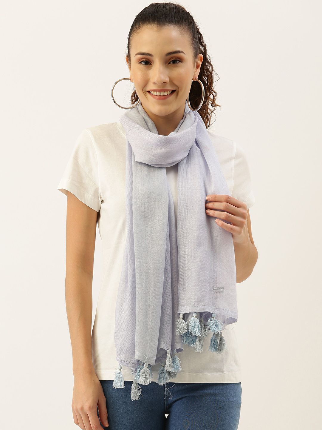 Ayesha Women Grey & Blue Scarf Double Shaded Dotted Stripes and Tassels Price in India