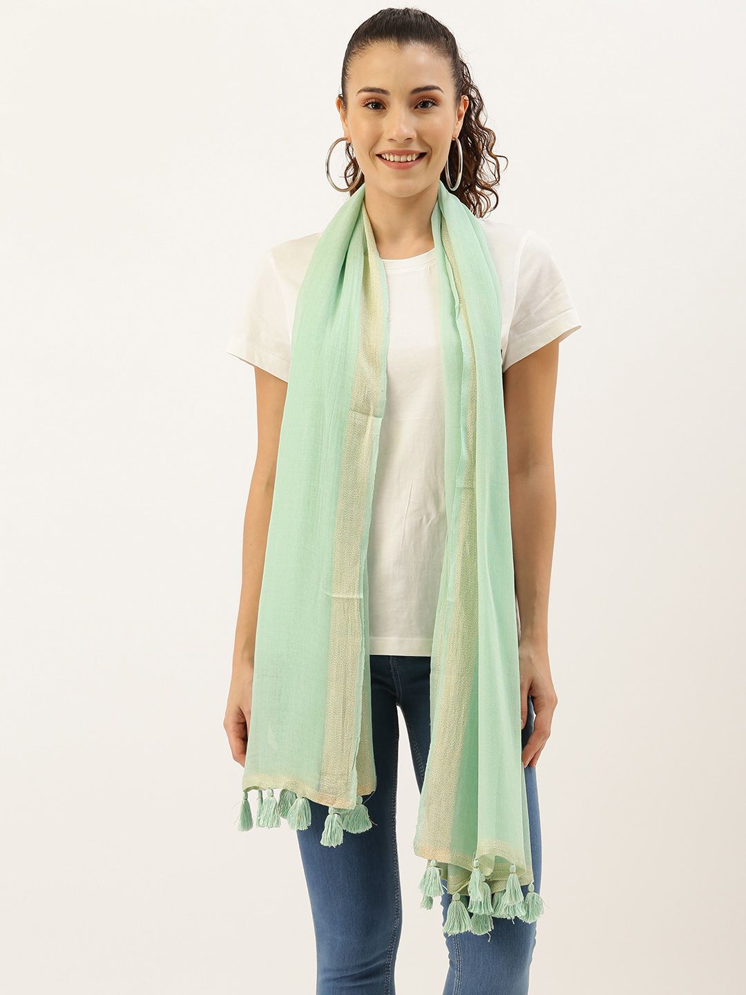 Ayesha Women Sea Green Scarf with Golden Ikat Weave Lurex Border & Tassels Price in India