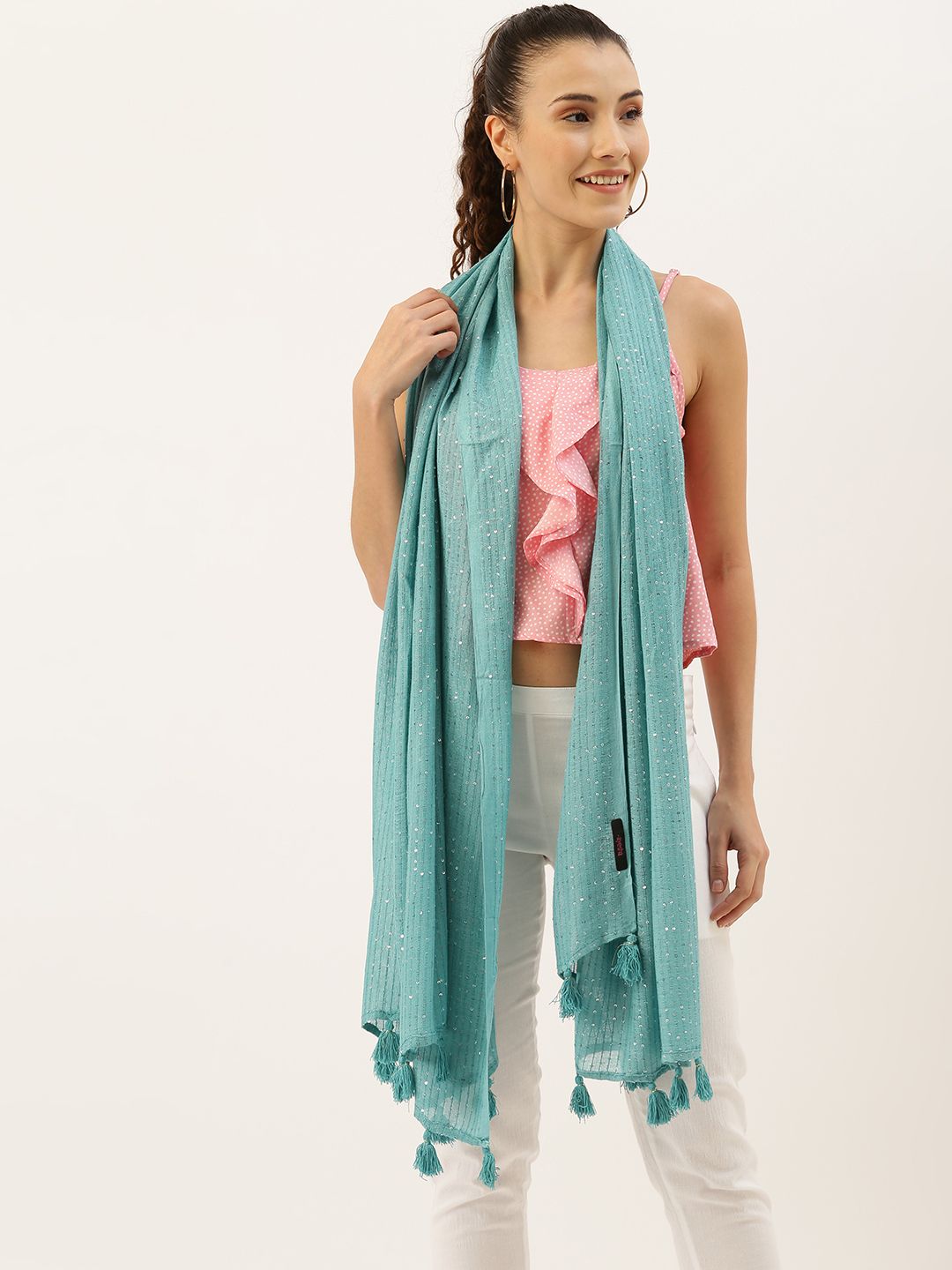 Ayesha Women Teal Scarf with Metallic Sequins & Tassels Price in India