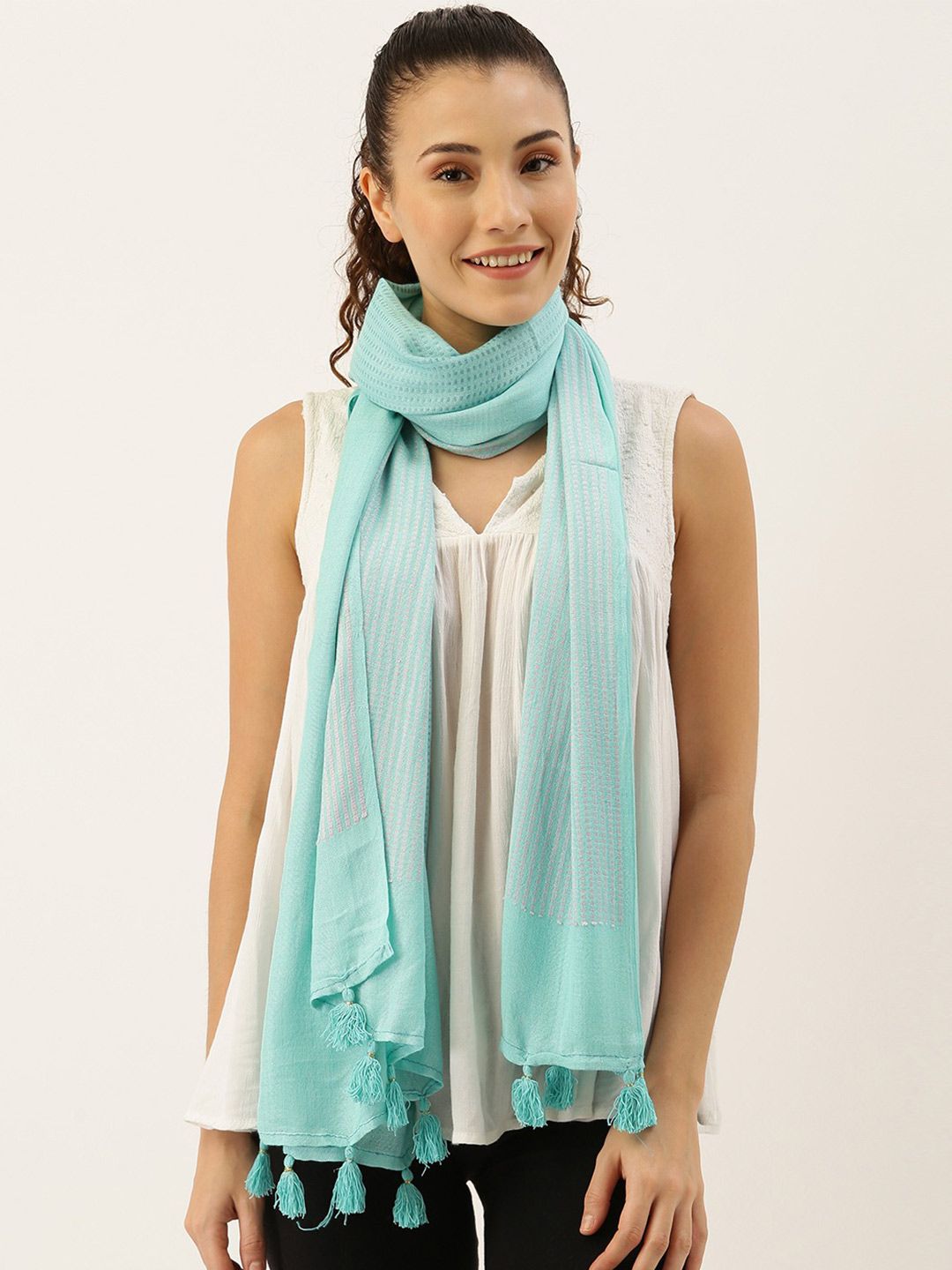 Ayesha Women Sea Green Scarf with Double Colour Dotted Strips and Tassels Price in India