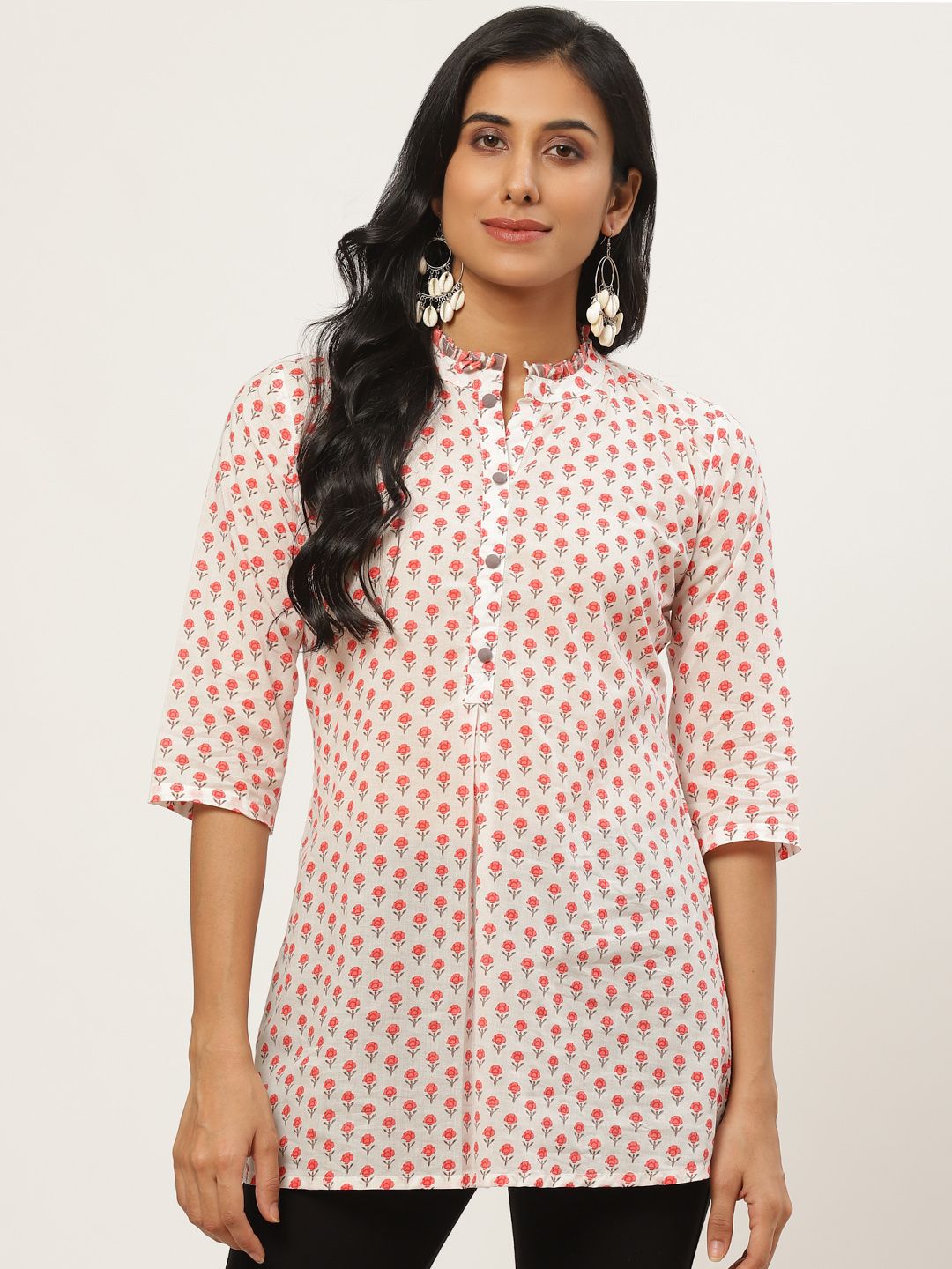 Nayo Women White & Red Floral Printed Tunic