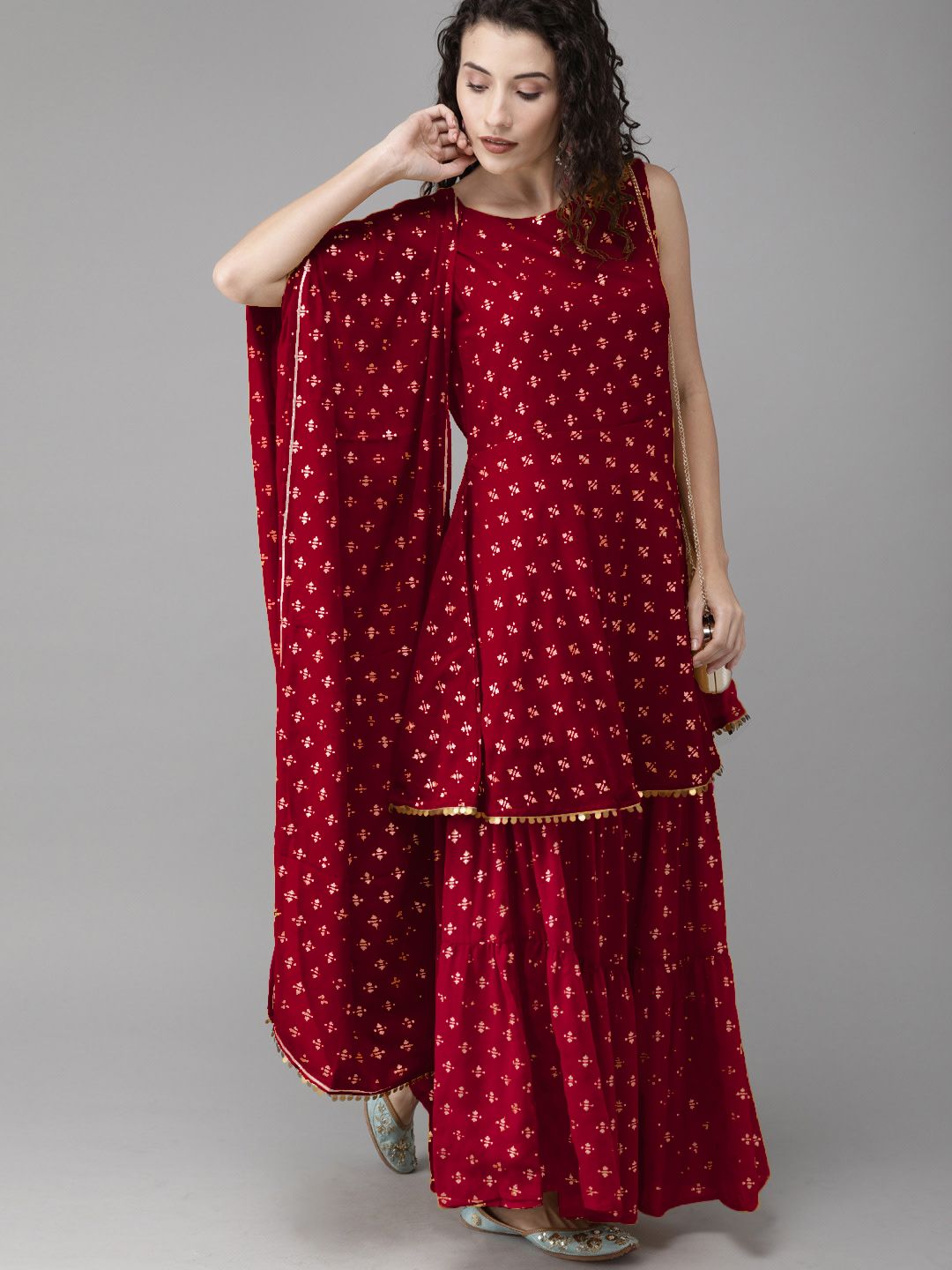 Ahalyaa Women Maroon & Gold Printed Kurti with Sharara & Dupatta Price in India