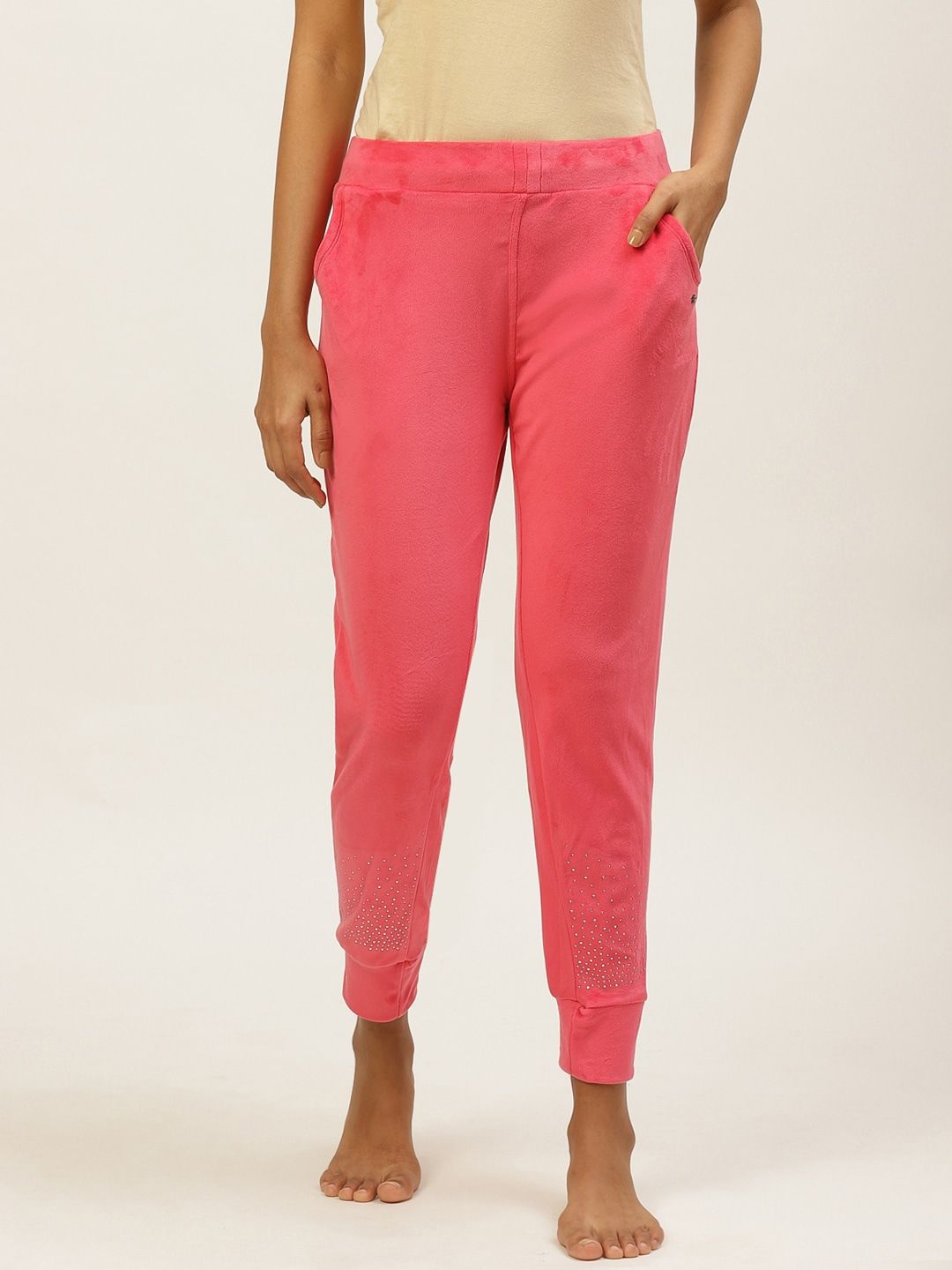 Sweet Dreams Women Coral Pink Solid Velvet Finish Lounge Joggers Price in India