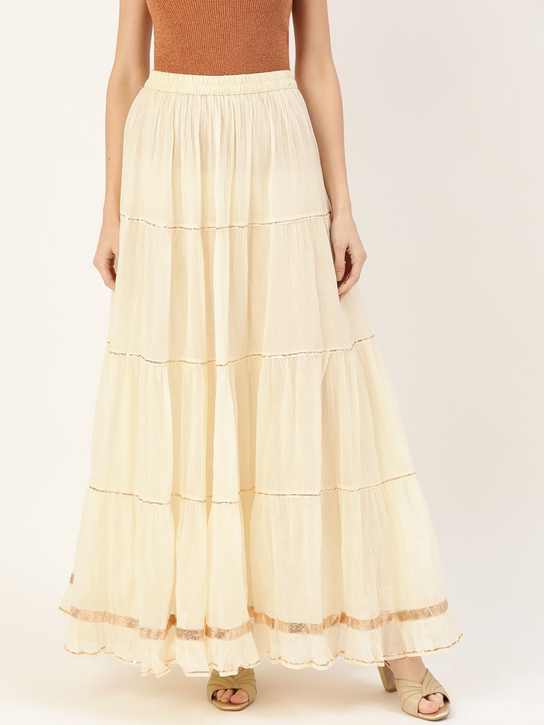 Varanga Women Off-White Solid Maxi Tiered Skirt with Gotta Patti Detail