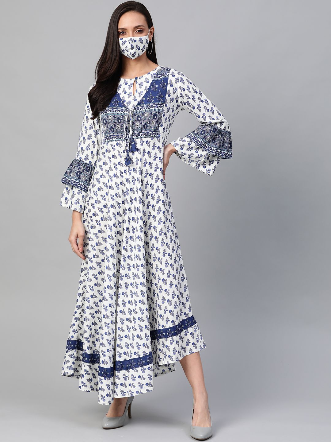 YASH GALLERY Women White & Blue Printed Maxi Dress With Matching Mask Price in India