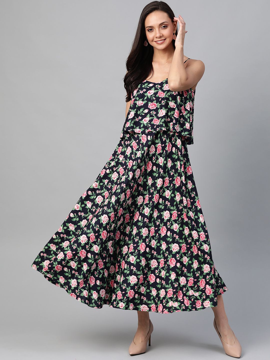 YASH GALLERY Women Navy Blue & Pink Floral Printed Maxi Dress Price in India