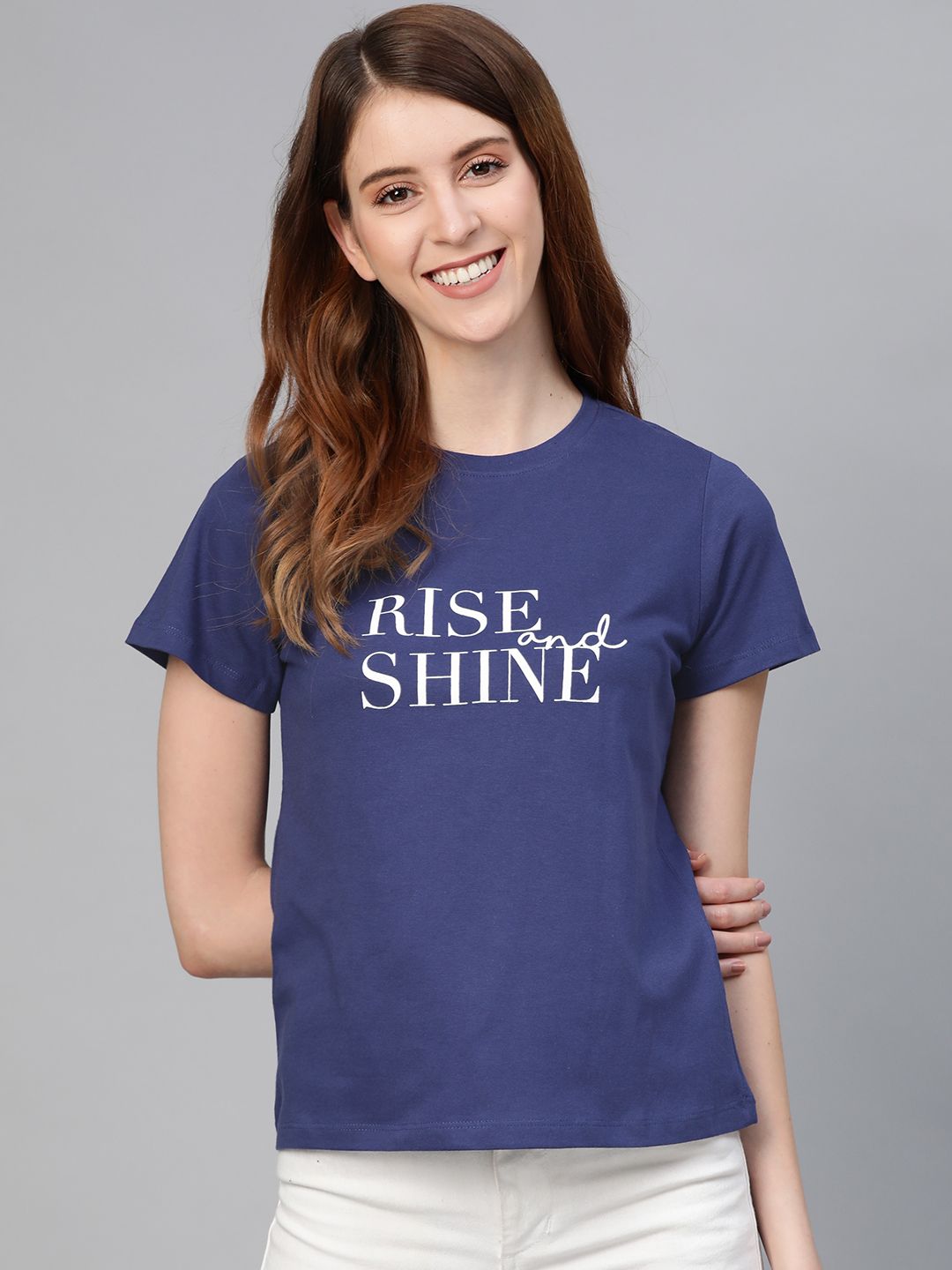 Mast & Harbour Women Navy Blue & White Typography Printed Round Neck T-shirt