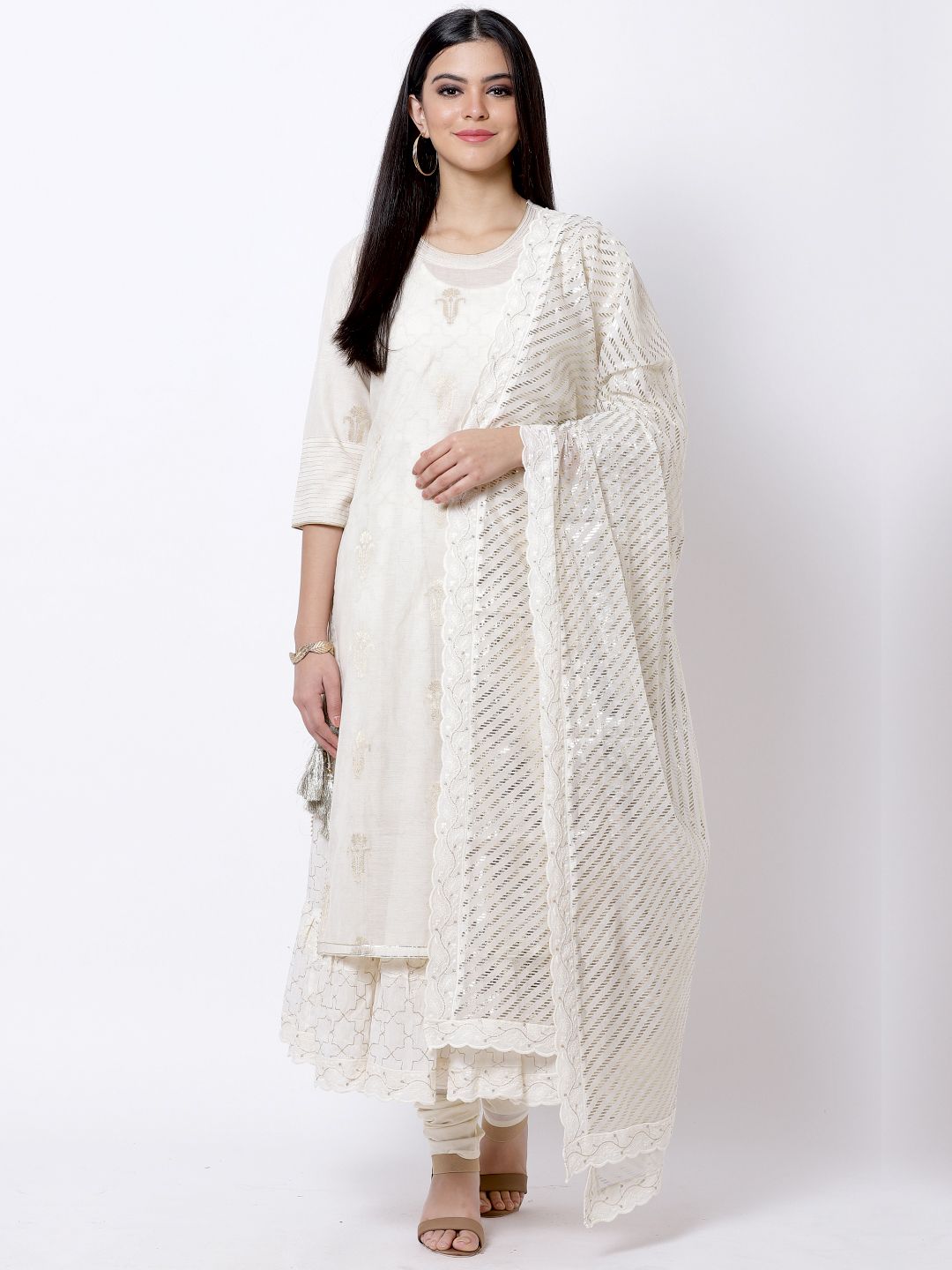 Biba Women Off-White Self Design Kurta with Churidar & Dupatta