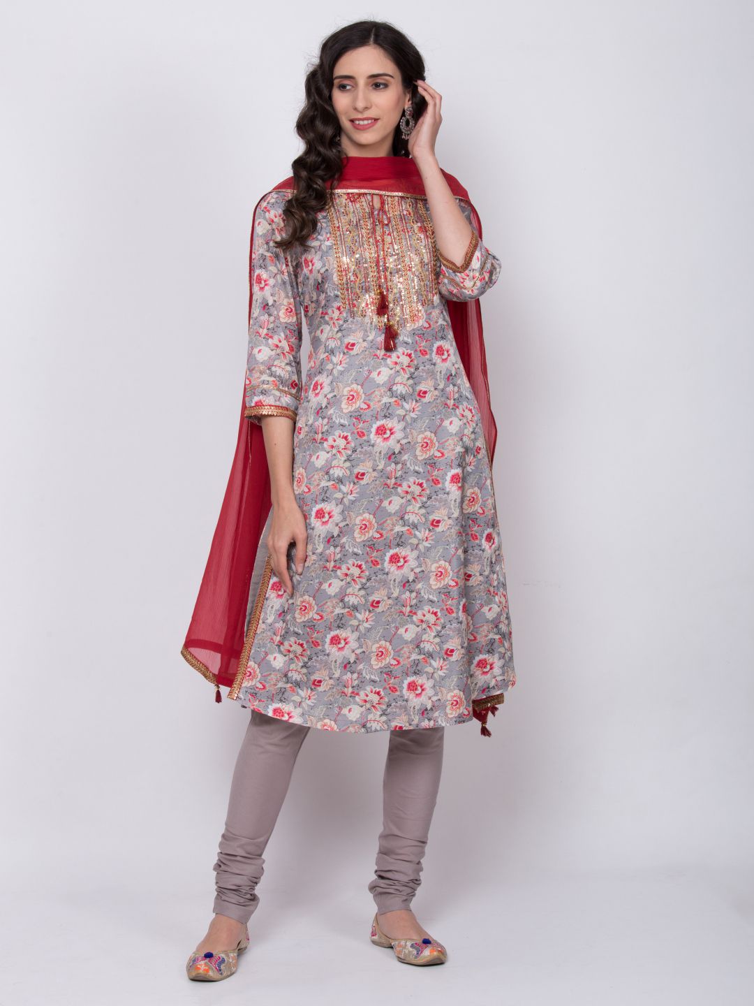 Biba Women Grey & Red Floral Printed Kurta with Churidar & Dupatta