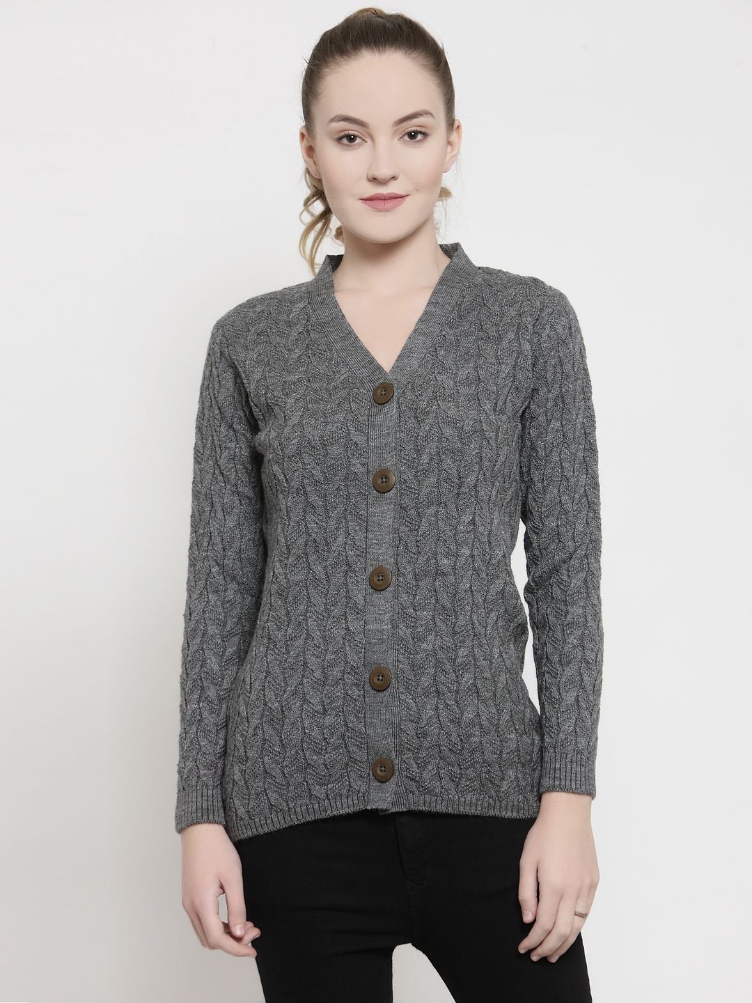 Kalt Women Grey Melange Self Design Front-Open Acrylic Sweater Price in India