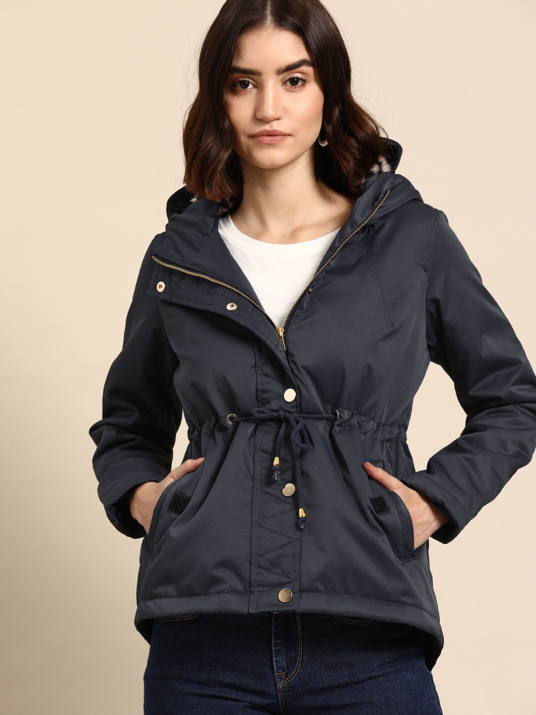 all about you Women Navy Blue Solid Hooded Tailored Jacket Price in India